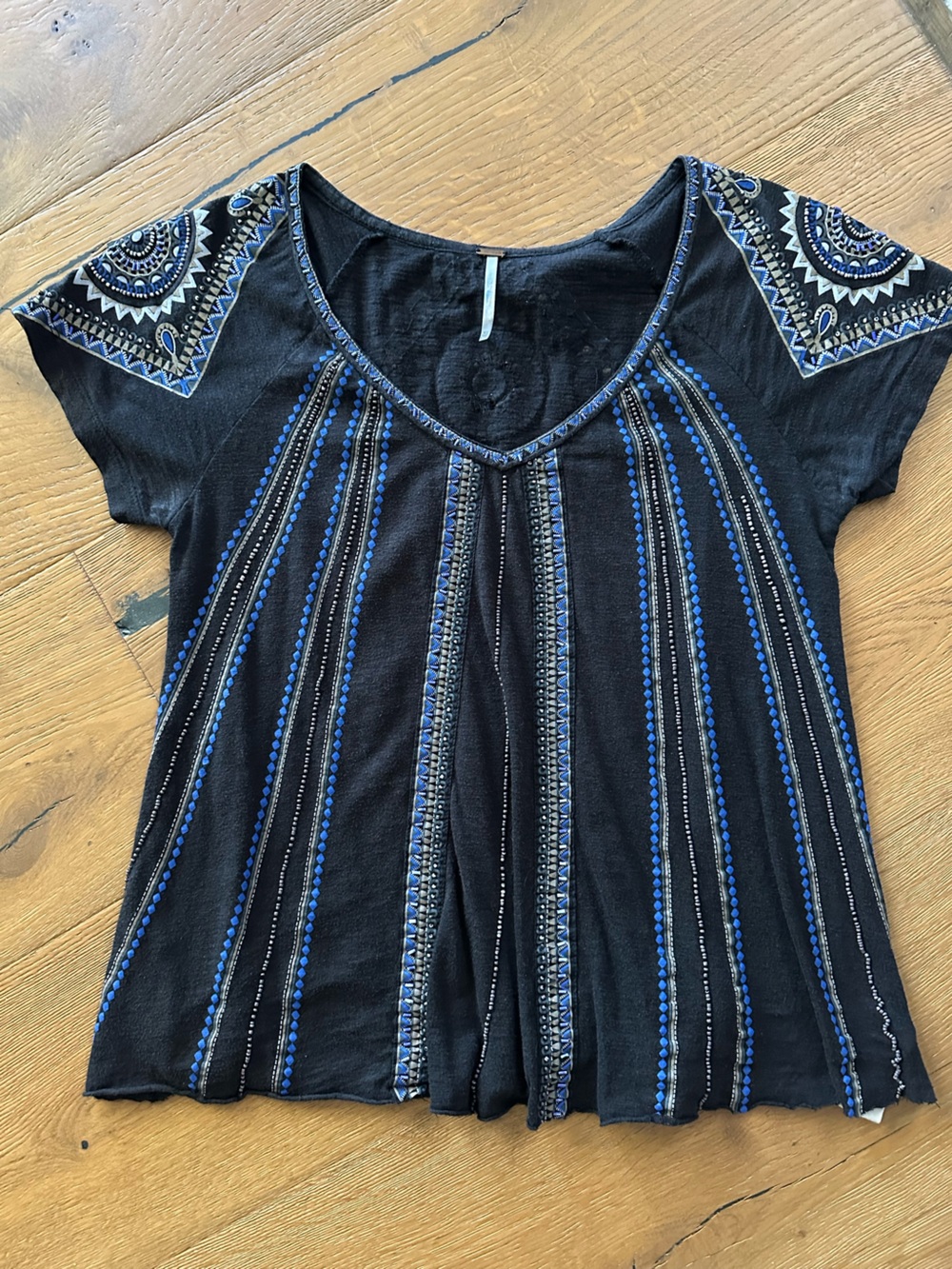 Free People Black Beaded Short Sleeve Swing Top XS